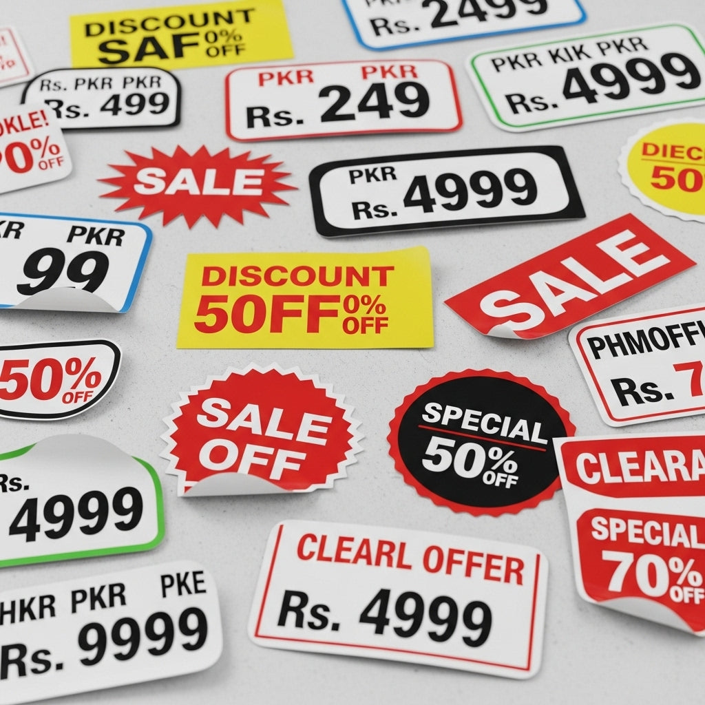 Collection of sale and discount stickers with various prices and promotional text on a white background.