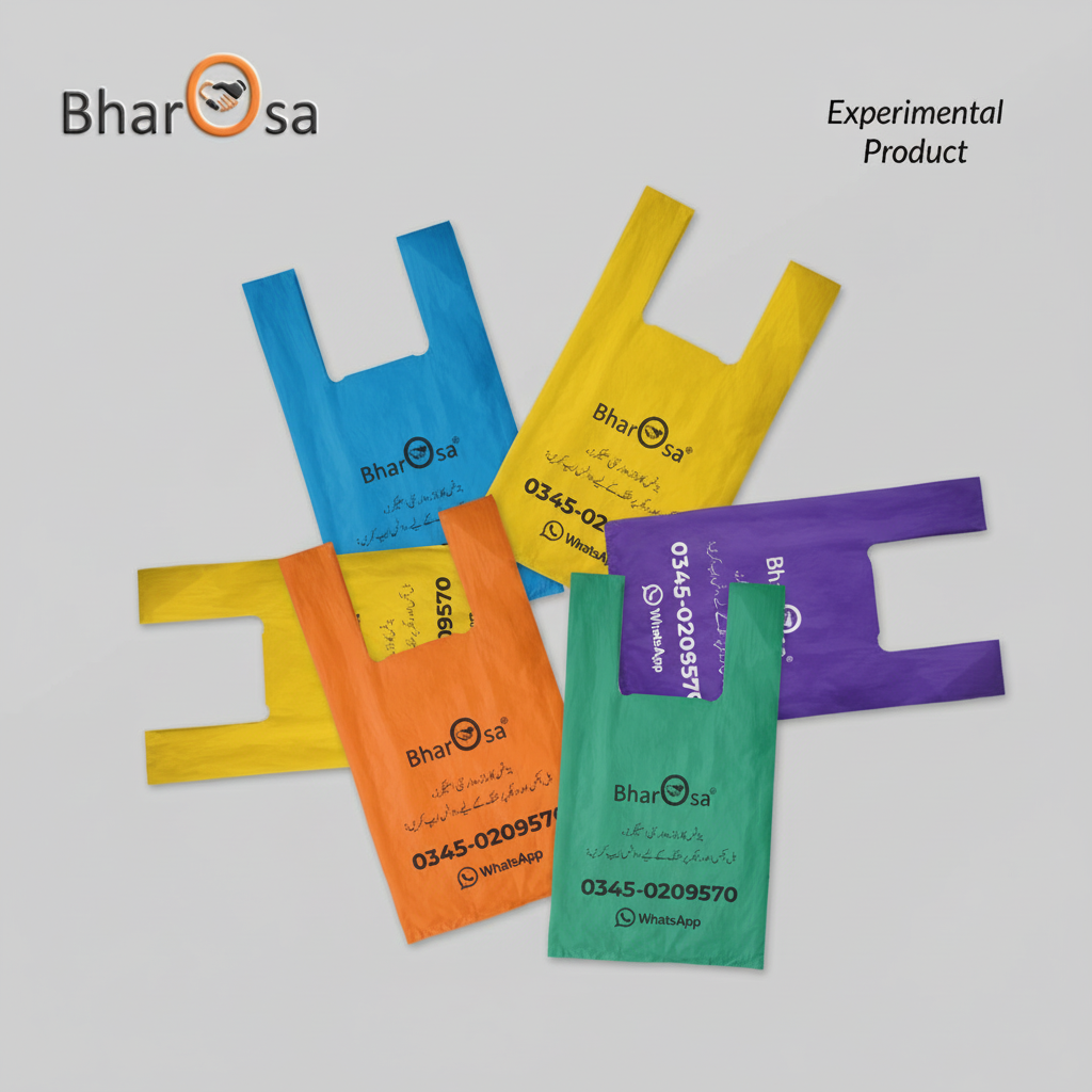 Five colorful reusable shopping bags with 'Bharosa' branding on a light gray background.