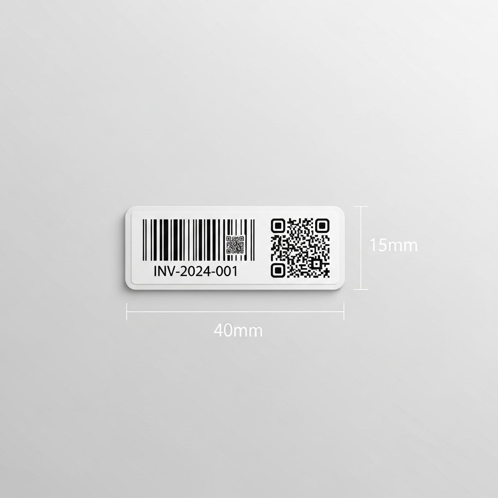 Barcode and QR code label with dimensions on a gray background