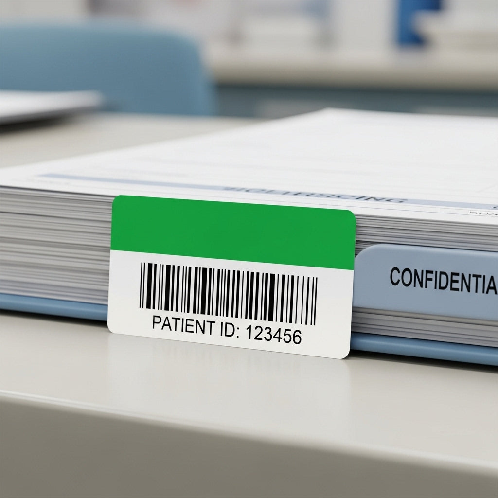 Stack of papers with a green and white label displaying a patient ID on a desk.