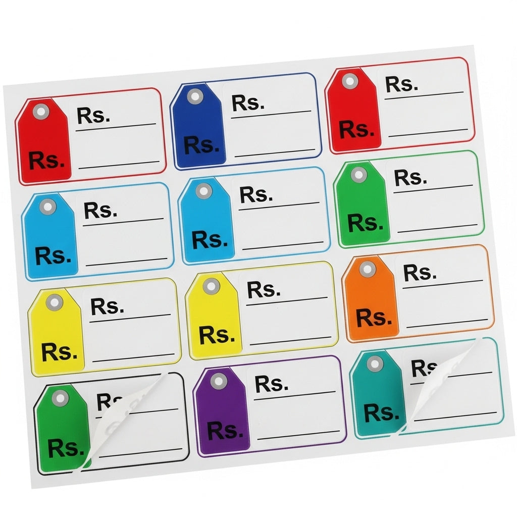 Colorful price tags labeled 'Rs.' on a white background