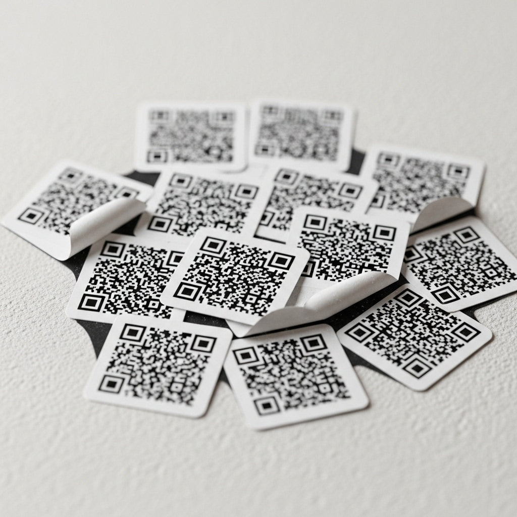 Multiple cards with QR codes on a light gray surface