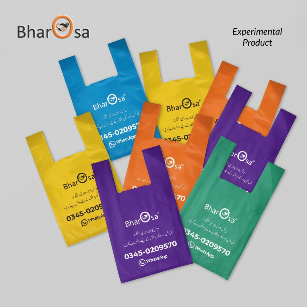 Set of colorful reusable shopping bags with 'Bharosa' branding on a gray background.