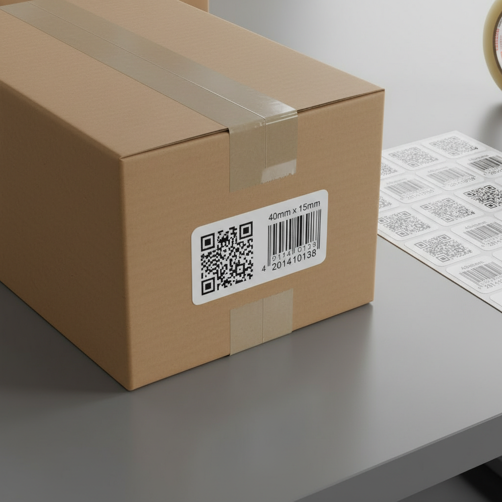 Cardboard box with a barcode label on a gray surface