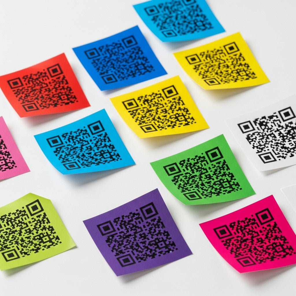 Colorful QR code stickers on a white background