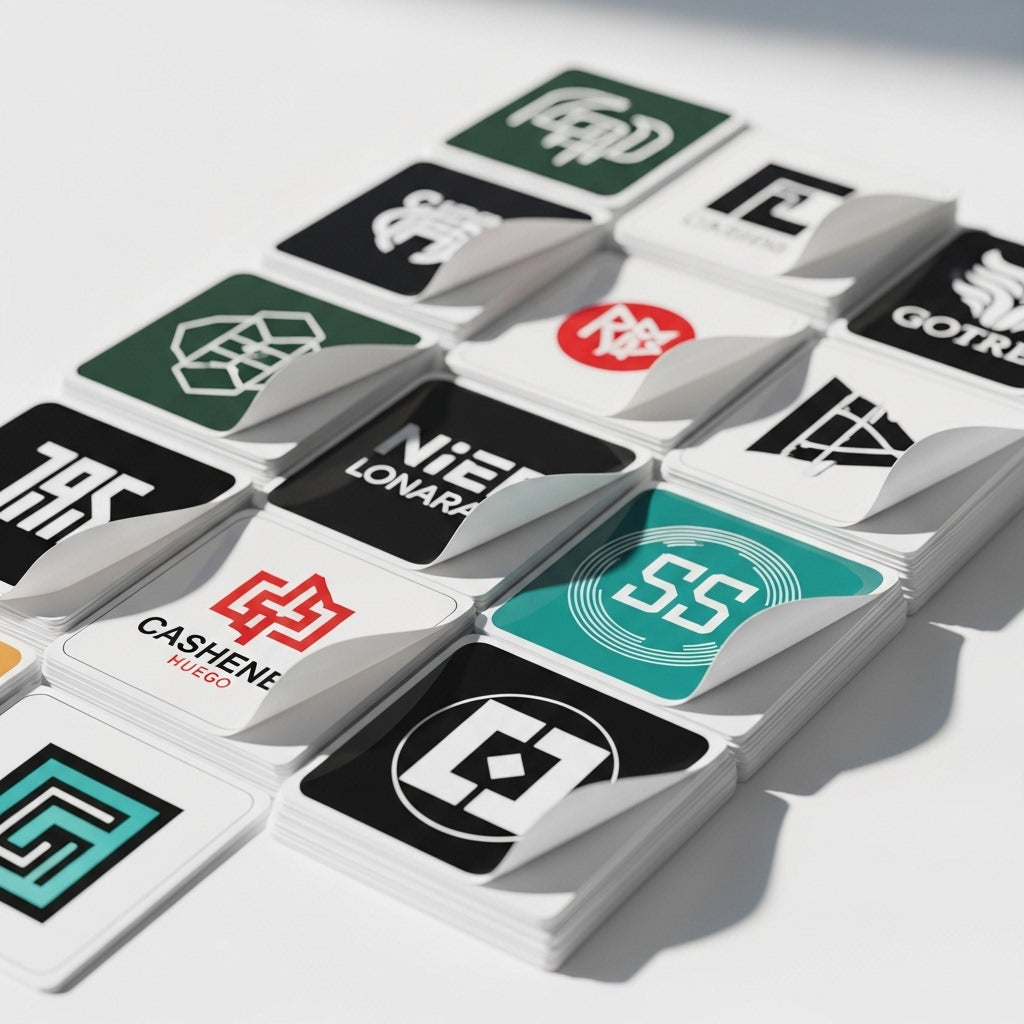 Collection of branded cards with various logos on a white background
