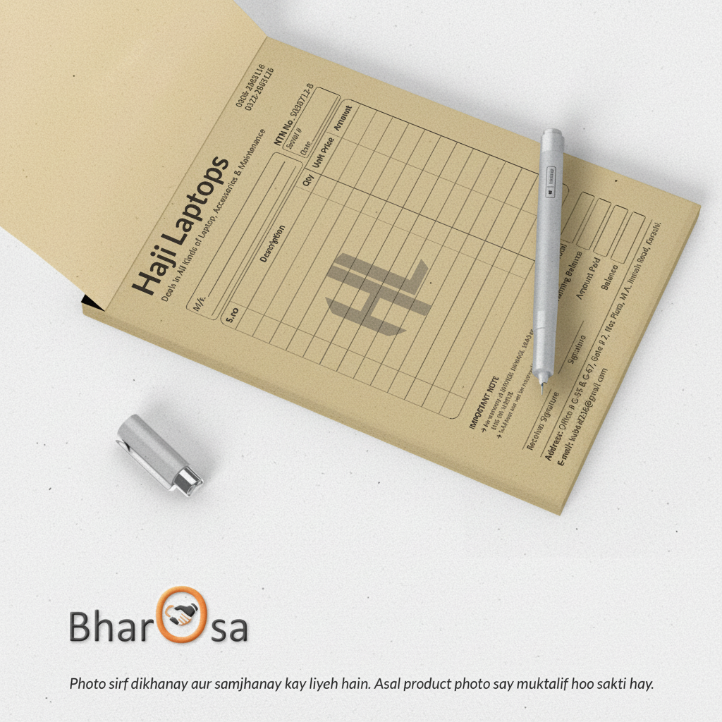Notebook with pen and small object on a white surface, featuring the Bharosa brand.