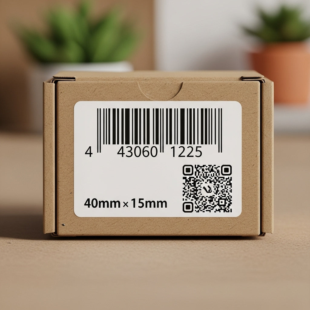 Brown cardboard box with a barcode label on a blurred indoor background
