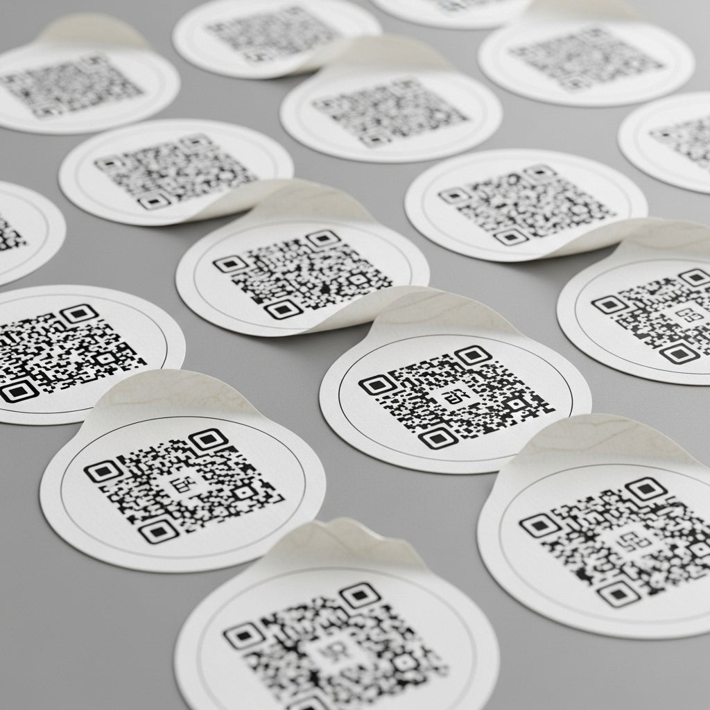 Multiple round labels with QR codes on a gray background