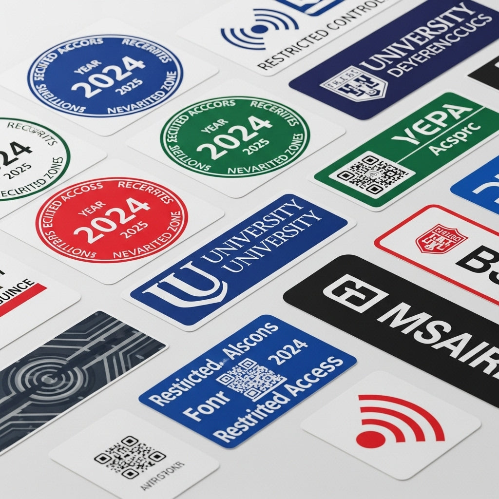 Collection of various stickers with different logos and text on a white background