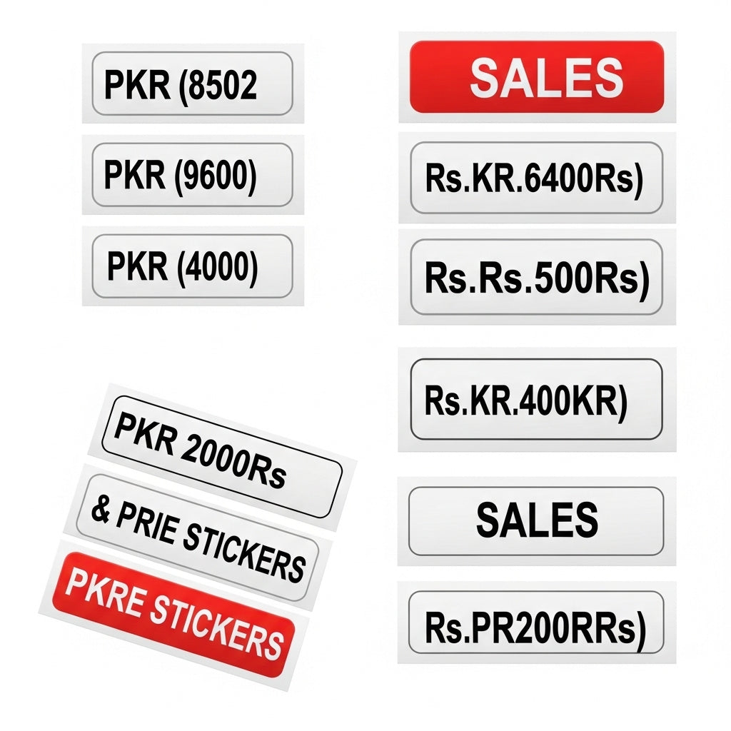 Collection of price and label stickers with text on a white background