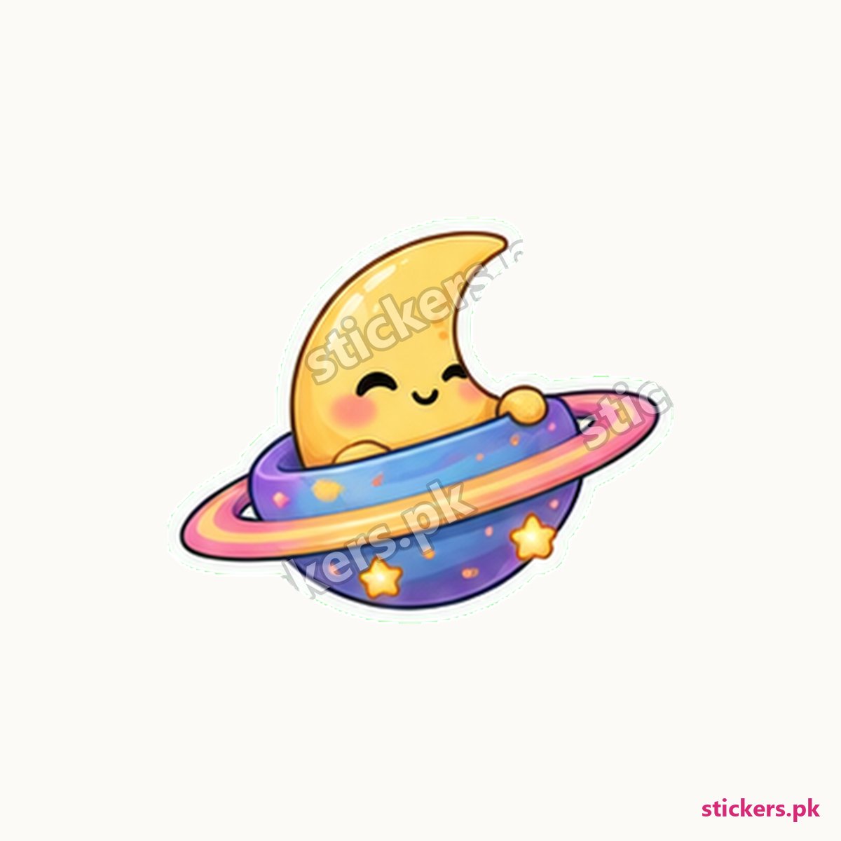 Smiling Crescent Moon Floating Planet Sticker die-cut sticker