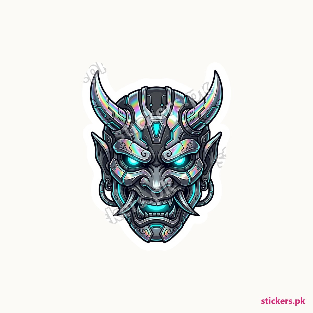 Holo Cyber-Samurai Oni Mask die-cut sticker
