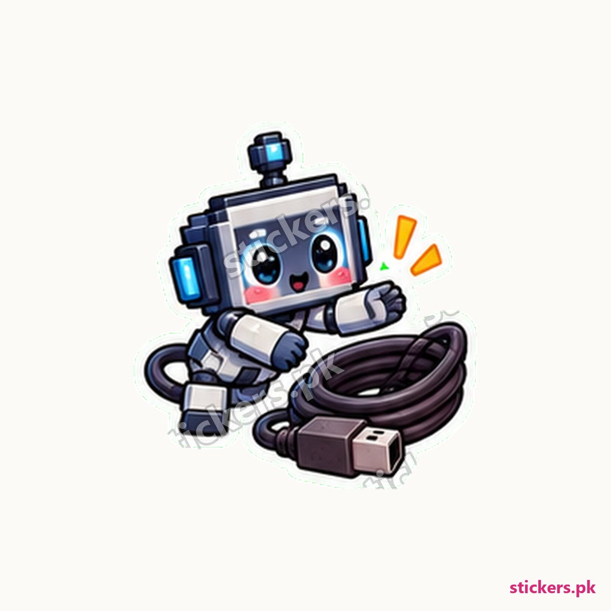 Pixel-Art Robot Coiled Cable Sticker die-cut sticker